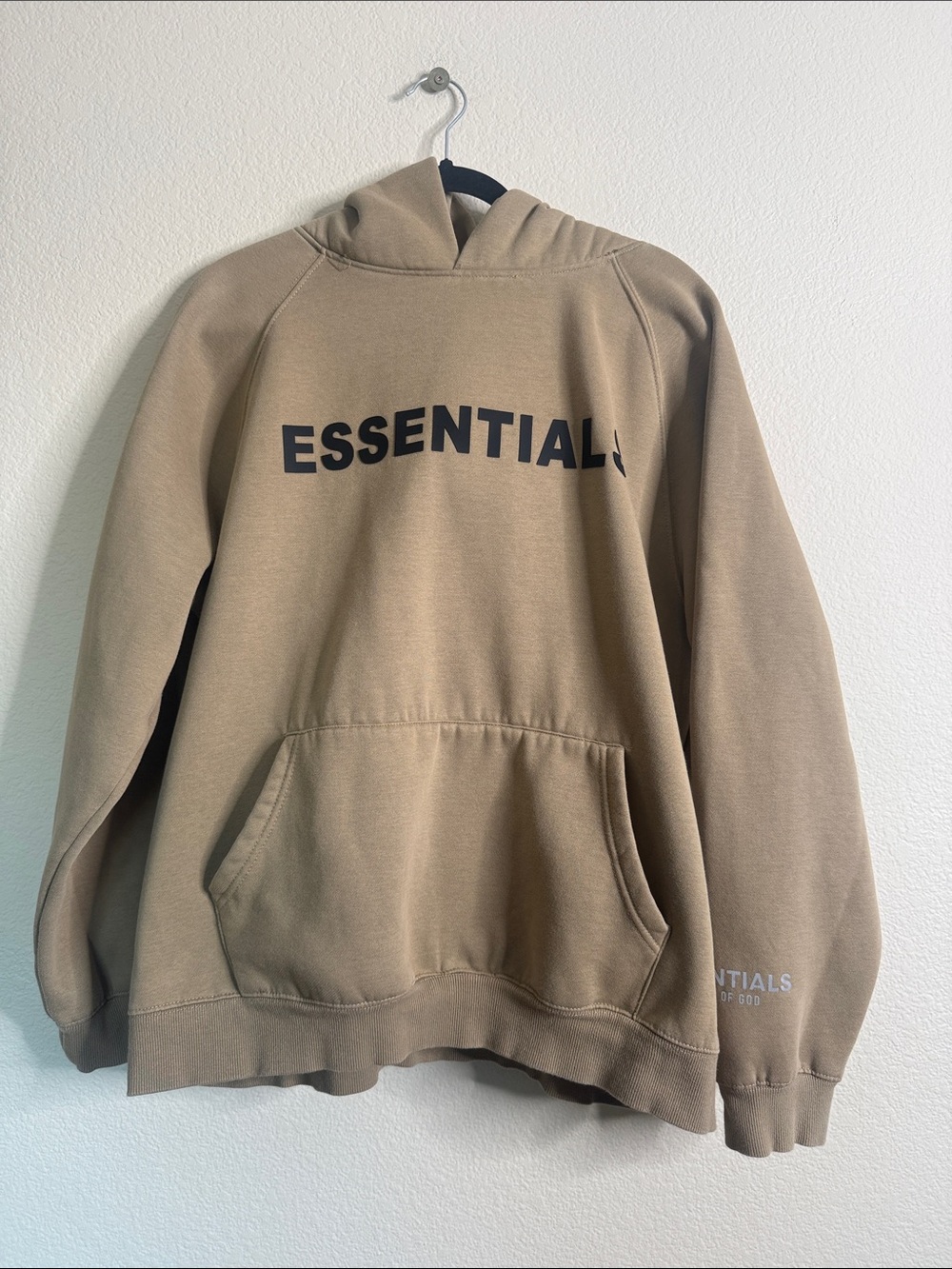 Essentials Men’s Tan Crewneck Hoodie with Black Logo XL